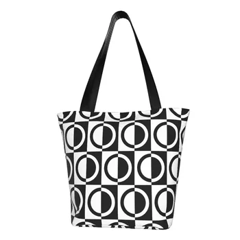 Сумка для покупок с геопринтом, черные, белые круги, дизайнерские сумки для покупок, женская сумка-тоут в стиле ретро, тканевые пляжные женские сумки