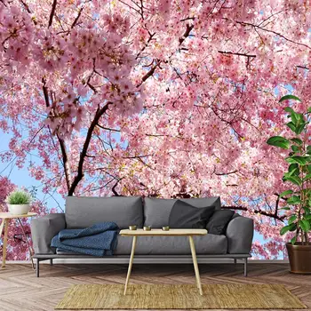 Розовые вишневые деревья, зеленая трава, естественный сад, пейзаж, гостиная, 3d самоклеящиеся обои по индивидуальному заказу, фреска