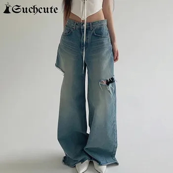 Модные корейские уличные женские джинсы с вырезами, низкая талия, эстетичные мешковатые джинсовые брюки Harajuku Fairycore, однотонные брюки